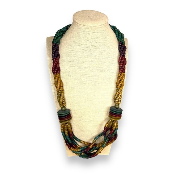 VINTAGE 80s CHUNKY BEADED NECKLACE PURPLE GREEN BOHO LAYERED - Picture 1 of 9